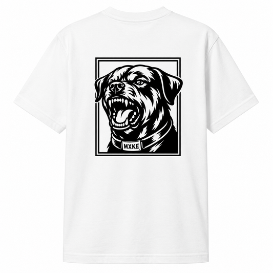 MXKE Rottie Tee -t-paita, valkoinen, MXKE-logo ja rottweiler-grafiikka
